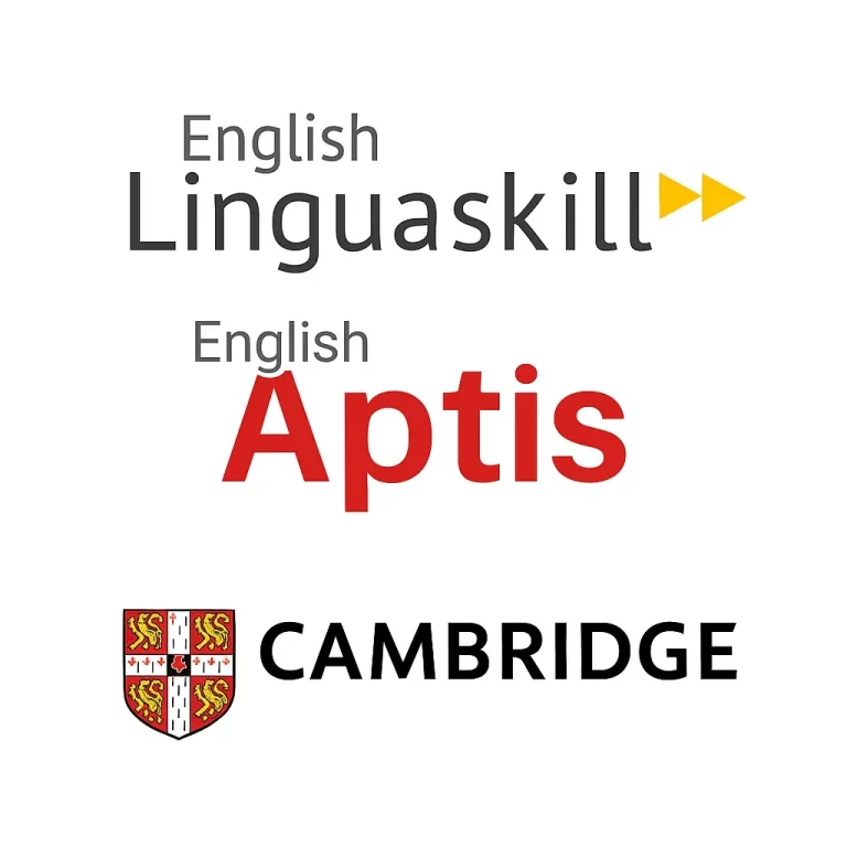 Logos de English Linguaskill, English Aptis y Cambridge.